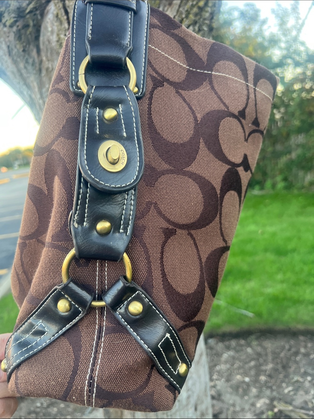 Coach Brown Signature Canvas Shoulder Bag with Dark Chocolate Accents - Picture 2 of 10